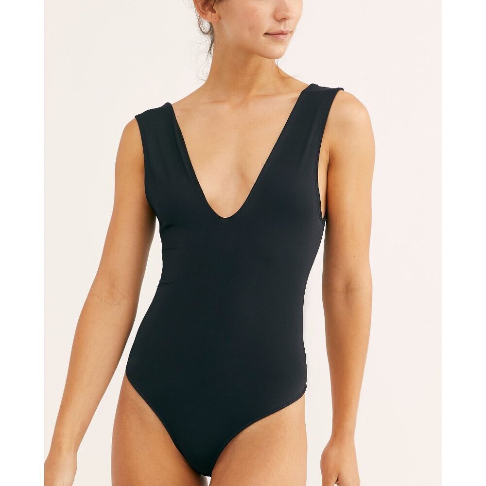Free People Black Deep V Sleeveless Bodysuit